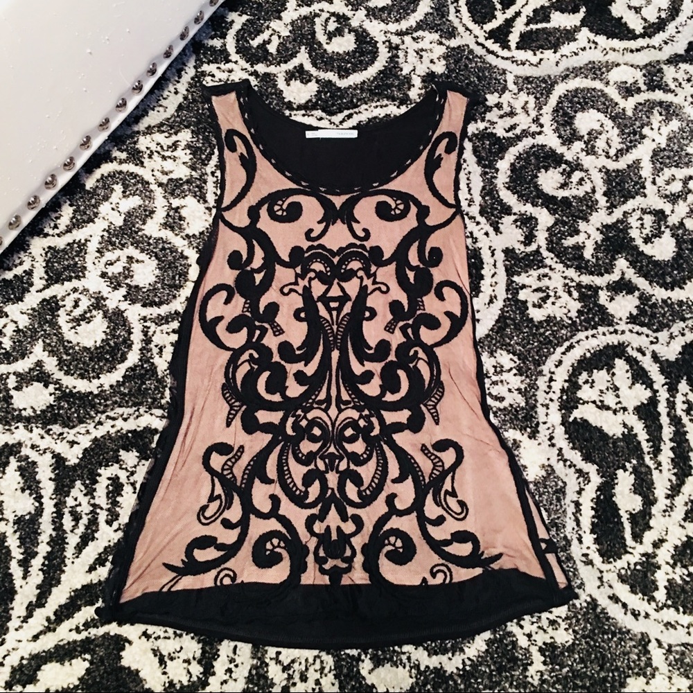 Ladies black & nude scroll mesh top size small